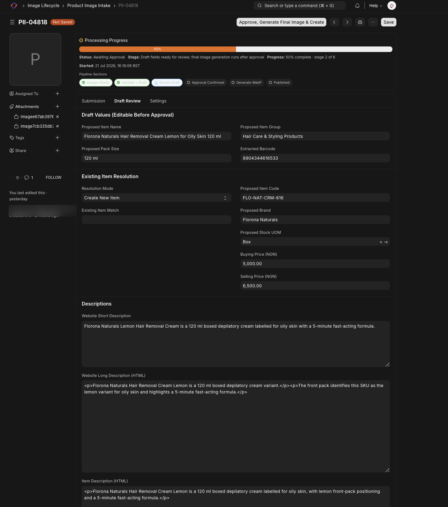 The public Product Intake screen showing an editable product proposal in an Awaiting Approval state.